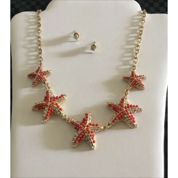 NEW~Coral Beads & Crystal Starfish Necklace/Earring Set - Picture 1 of 2